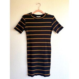 Zara Fitted Ribbed T Shirt Mini Dress in Black Yellow Red & Green Stripe size S